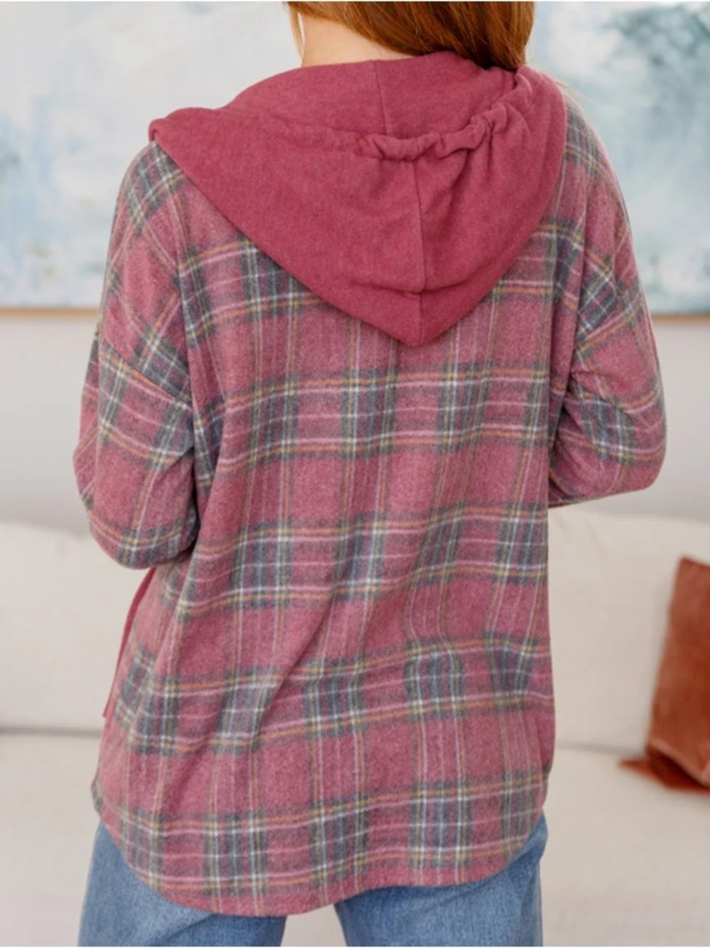 7th Ray Mauve Plaid Hooded Shacket Jacket - Picture 13 of 15